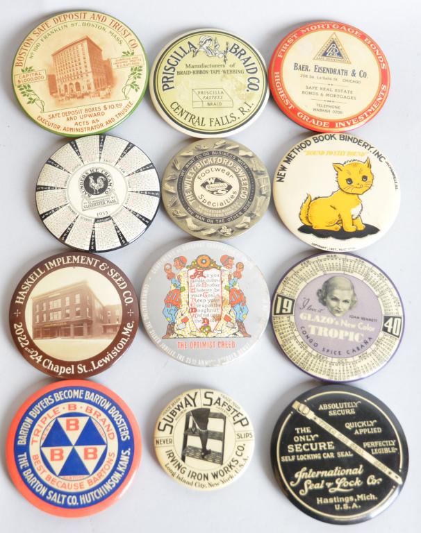 12-Celluloid Advertising Pocket Mirrors: 3.5"D. or less, most in good condition, Priscilla Brand, Subway Safestep, Hasket Implement & Seed and more