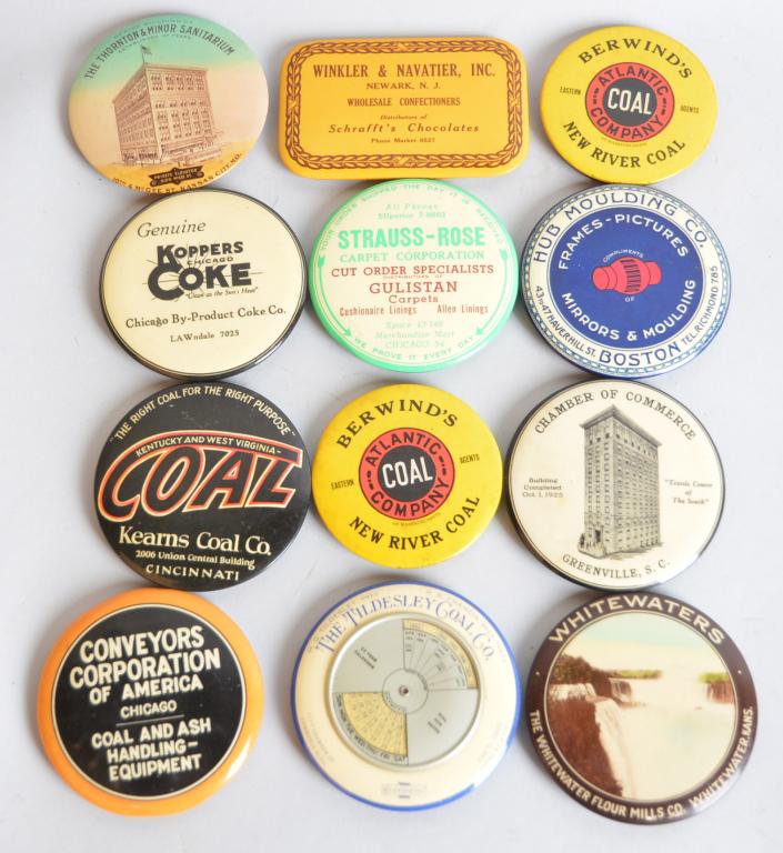 12-Celluloid Advertising Pocket Mirrors: 3.5"D. or less, most in good condition, Koppers Coke, Atlantic Coal Company and more