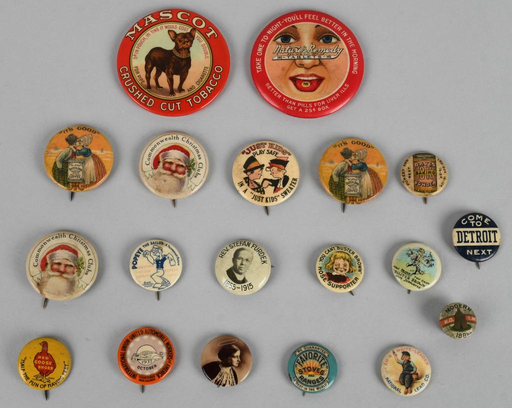 Pocket Mirrors & Pin Back Buttons: Mascot & Nature's Remedy pocket mirrors, Red Goose, Dutch coffed, Christmas Club, Popeye and more
