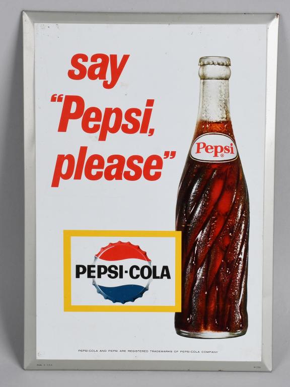Pepsi-Cola w/bottle Metal Easel Back sign: 12"x8.25", rated 9, SST sign, has excellent color and shine, nice, cardboard easel back