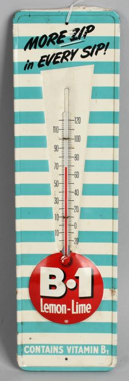 B-1 Lemon-Lime Soda Thermometer: rated 8.25, 16.5"x4.5", tin embossed thermometer, tube is good, light wear