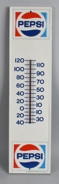 Pepsi Metal Thermometer: rated 9.5, 28"x7", tube is good, tin thermometer, has excellent color and shine, marked Stout, dated 1973