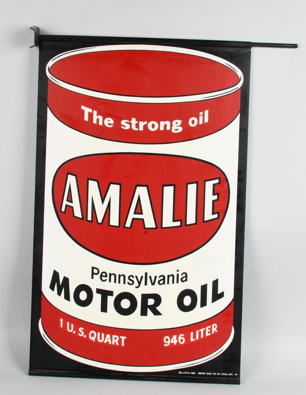 Amalie Motor Oil DST hanging sign: rated 9, 34"x21", DST hanging sign, nice oil can graphics with nice colors and shine, comes with hanger, marked along bottom IBL LOCAL 1642 GRACE SIGN CO., ST LOUIS MO. 80