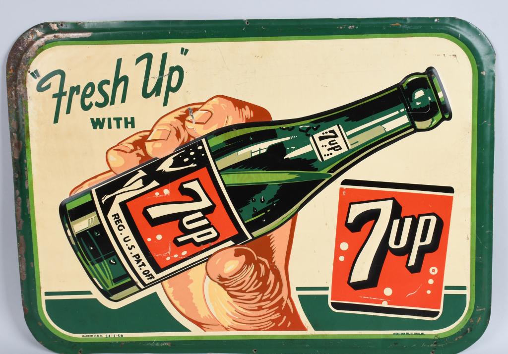 Fresh Up with 7up Embossed SST Sign: rated 7, 27"x19 1/2", SST embossed self framed sign, very nice colors, has some scratching and loss in corners mostly top left, dated 1950