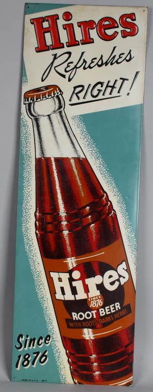 Hires Root Beer Embossed SST Sign: rated 9.25, 41 1/2"x 13 1/2", SST embossed sign, great colors and graphics, only very slight far edge wear, marked on bottom edge MADE IN USA BN-8