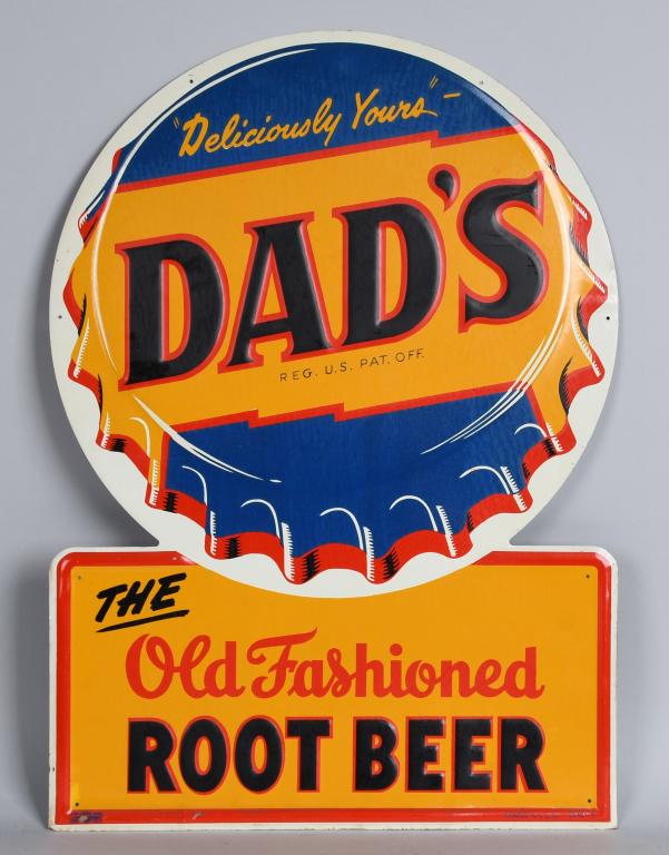 Dad's Root Beer SST Diecut Embossed Sign: rated 9, 28"x20", SST diecut embossed sign. Great colors and shine, only slight edge wear, marked along bottom with company logo & PRINTED IN USE PM-7