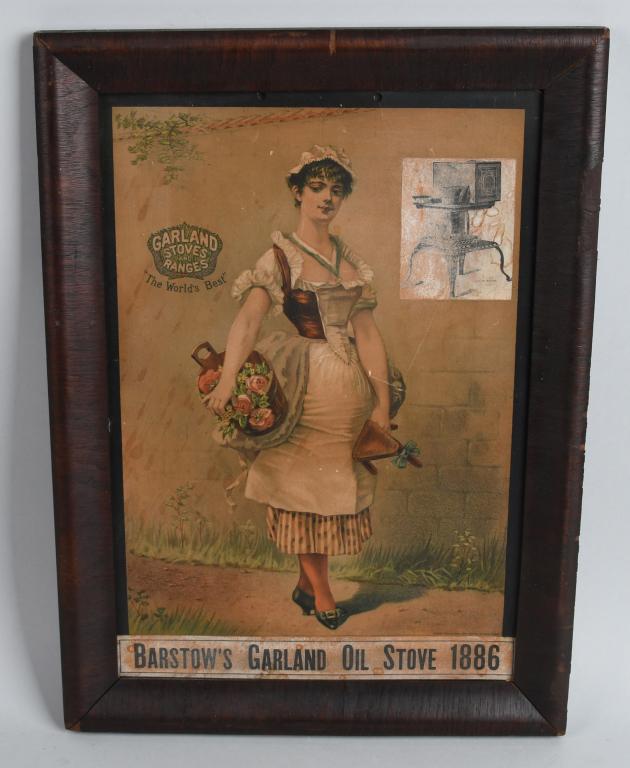 Garland Stoves & Ranges Cardboard Sign: Great image of Maiden with flowers. Has some soiling. Has advertisement on back of piece. Framed with wear. 19"x14" Very Good