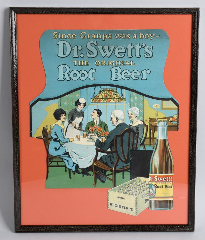 Dr Swett's Root Beer Diecut Sign: Original diecut cardboard sign. Nice colors and image of family at table. Has some creases. Professionally framed. 19"x15" Very Good-Excellent