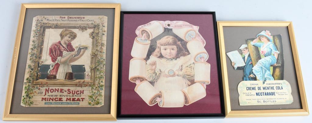 3- Diecut Cardboard Advertisements: Includes Forthoffer's Cream De Menthe Cola, Clarks ONT Spool Cotton, and None-Such Mince Meat. All with nice colors and graphics. Framed. Largest 14"x12" Very Good-Excellent