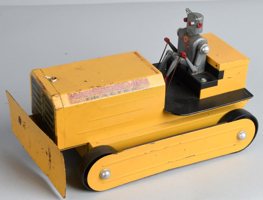 Sanders Marvelous Mike Robot Battery Op Tractor: Tin battery operated tractor with robot driver. Does not have treads. Not tested. 13" Excellent
