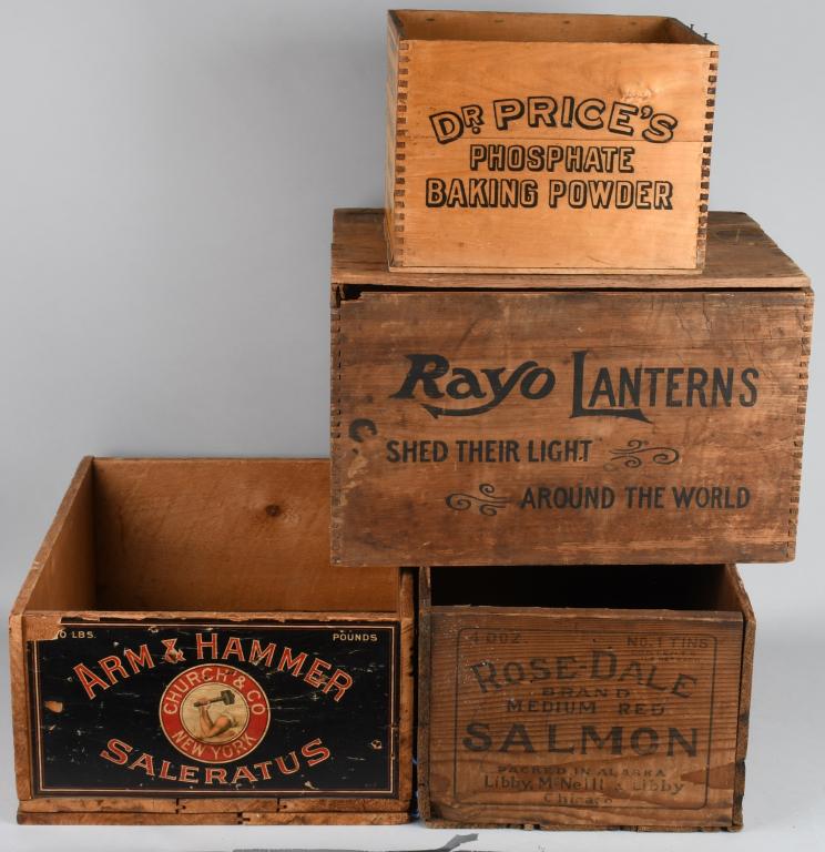 4- Early Wood Crates w/ Advertising: Includes Arm & Hammer, Rose Dale Salmon, Royal Baking Powder, and Royal Lanterns. Largest 19"x15"x12". Excellent