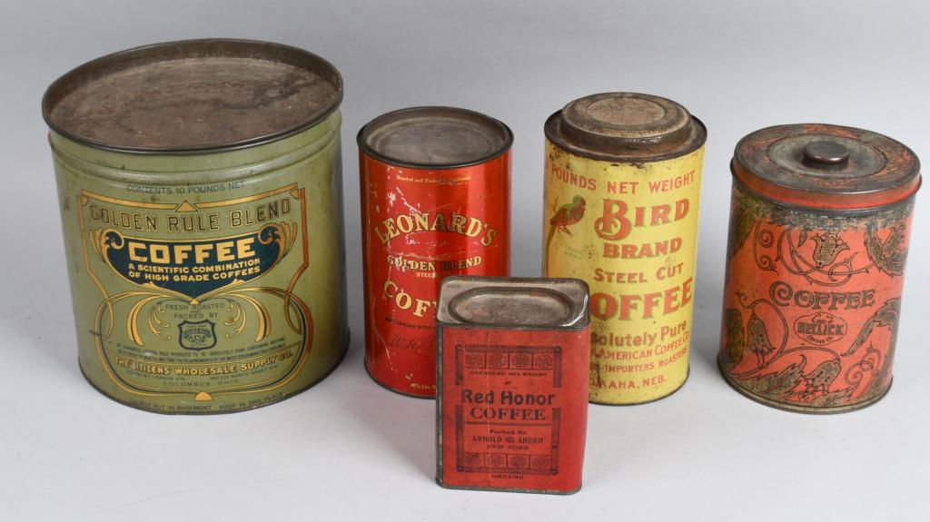 Lot of Coffee Tins: Includes 3lb Bird Brand Coffee, 1lb Red Honor Coffee, 2 1/2lb Leonards Coffee, 3lb Hellick Coffee, and 10lb Golden Rule Blend Coffee. All with nice colors. Very Good-Excellent