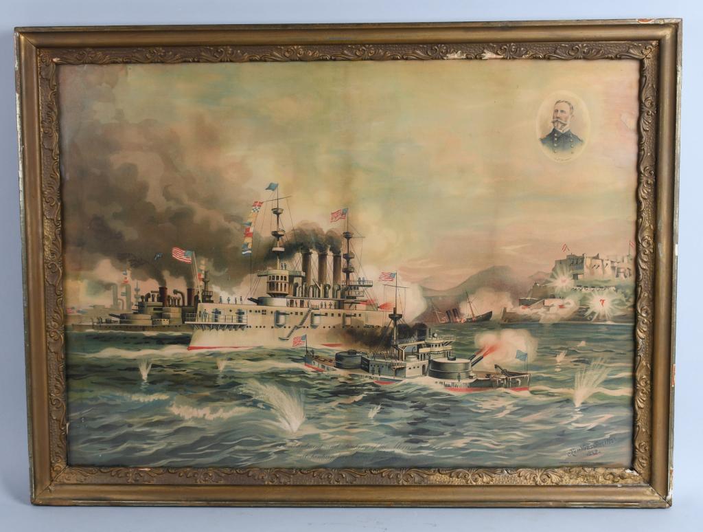 1898 USS Merriman Sinking Lithograph: Very nice lithograph of the Sinking of the Merrimac in 1898. Done by K Smith. Print by J Hoover and Sons. Framed. 31"x23" Excellent