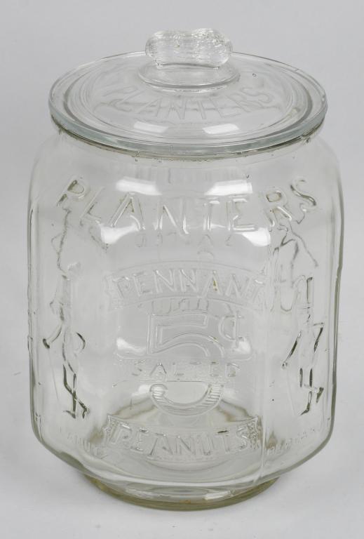 Planters Peanuts 5c Country Store Jar: All original embossed with Planters Peanuts and Logo. Has glass lid with peanut handle. 13" Excellent