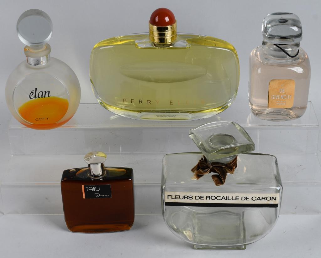 5- STORE DISPLAY PERFUME BOTTLES: Includes Perry Ellis, Fleurs De Rocaille De Caron, Elan, Di Givenchy, and Tabu.