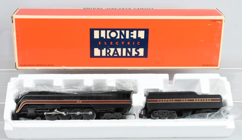 BOXED LIONEL 4-8-4 NORFOLK & WESTERN SET: Item number 6-18040 is this die cast O-gauge engine and tender for the Norfolk and Western line. A 4-8-4 engine with 12-wheel tender. As new in original box with paperwork. This is the J class steam e