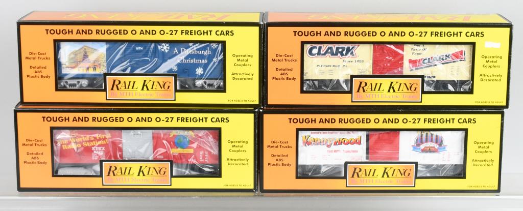 LOT OF (4) BOXED MTH ROLLING STOCK: A. Clark Candy Bar Box Car No. 30-74095 B. Pittsburgh Christmas Car No. 30-74090. C. KDKA Radio Box Car No. 30-74089 D. Kennywood Park Box Car No. 30-74052. All cars are like new in original box and a