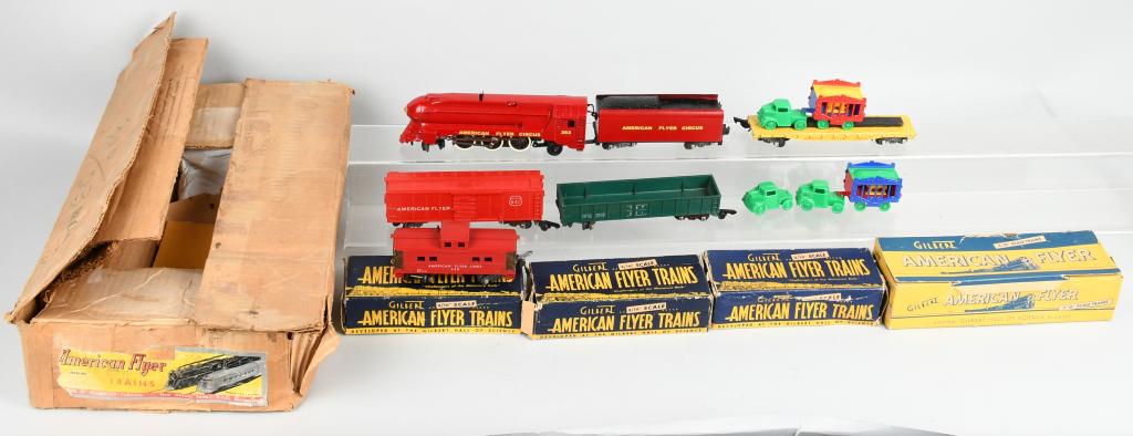 AMERICAN FLYER S-GAUGE LOT INC. CIRCUS ENGINE: This lot includes a restored to near new red American Flyer Circus No. 353 torpedo engine and tender. Also included is the yellow circus flat-car with original paint and decal with usual small nicks. 