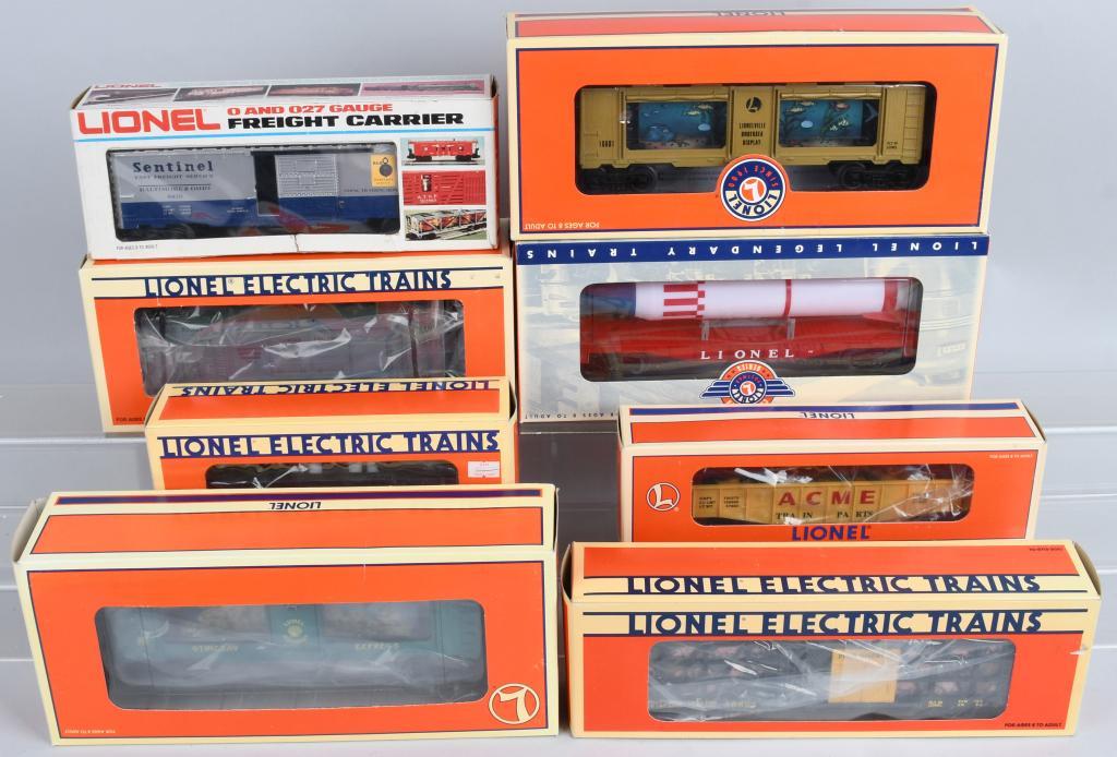 LOT (8) BOXED LIONEL ROLLING STOCK O-GAUGE: To include; A. Pennsylvania Caboose No. 6-19727. B. Wile E. Coyote Gondola. No. 6-16737 C. B&O Box Car No. 6-9420 D. Operating Pork Car No. 6-19822 E. Operating Missile Car No. 6-16710 F. Rocket Flat