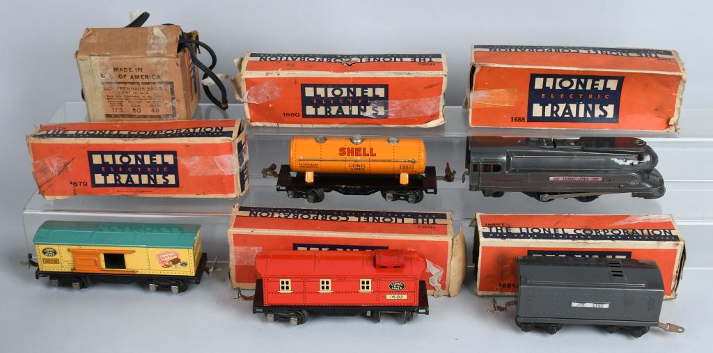 LIONEL 1688 ENGINE TENDER& FREIGHT CARS: Includes Lionel 1688 Engine, 1689T Tender, 1680 Tank Car, 1679 Box Car, and 1682 Caboose. All with Boxes. Set comes with Lionel 1029 Transformer with Box. Very Good-Excellent