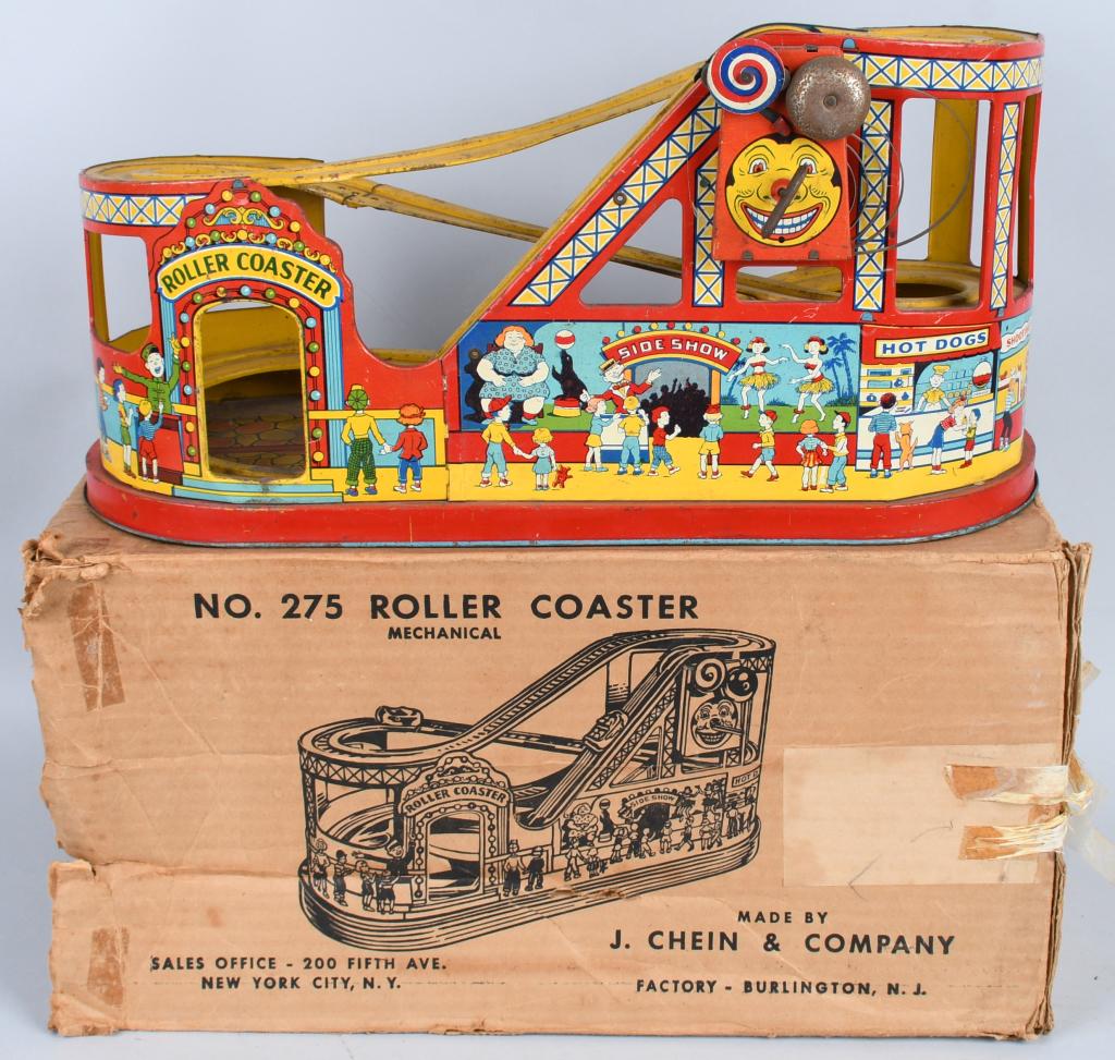 Chein tin windup Roller Coaster w/ Box: All original not working. Car is missing. Boxed. Good