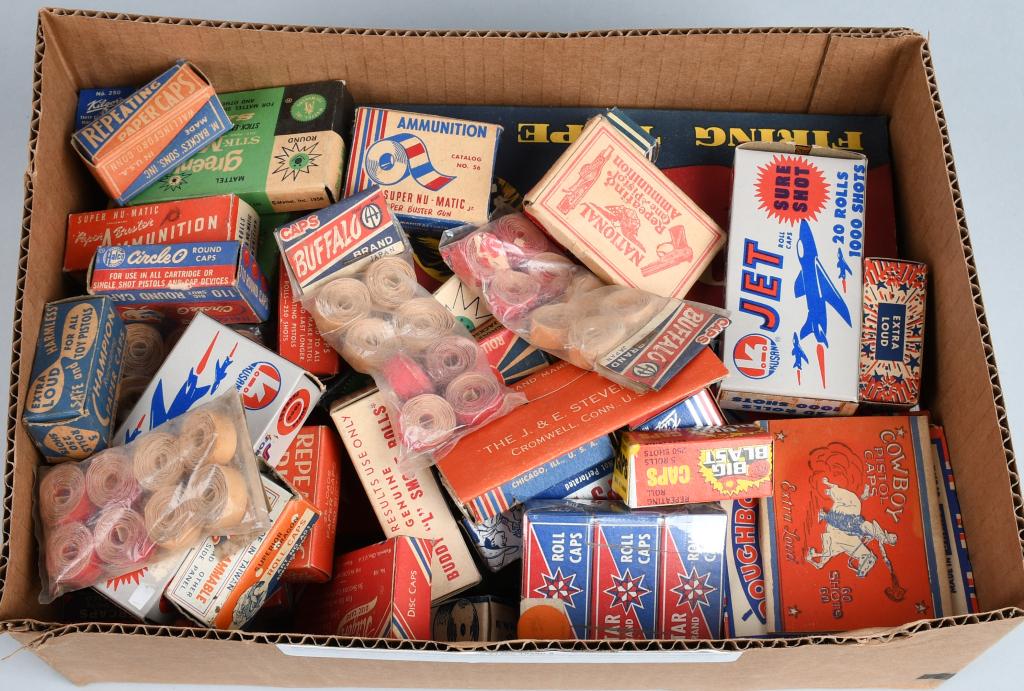 HUGE LOT OF VINTAGE CAP GUN CAPS: Great lot of vintage cap gun caps still in original boxes. Includes Lion, Texas Ranger, Jet, Bang, Champion, Stallion, Doughboy, and more.