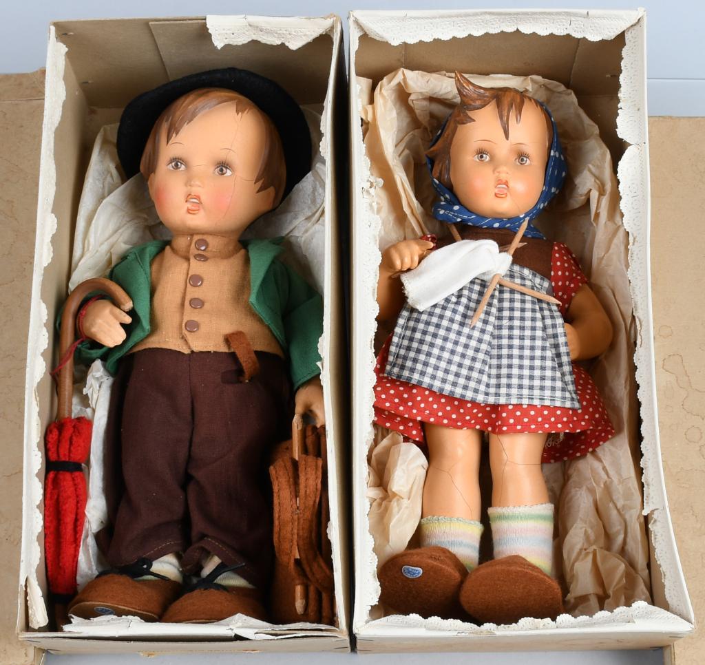 BOXED SET GOEBEL BOY & GIRL DOLLS: Made in Germany pair of dolls, 11", original boxes with all original clothing and accessories. The outfits are in wonderful condition and the dolls retain all of their original painted composition but