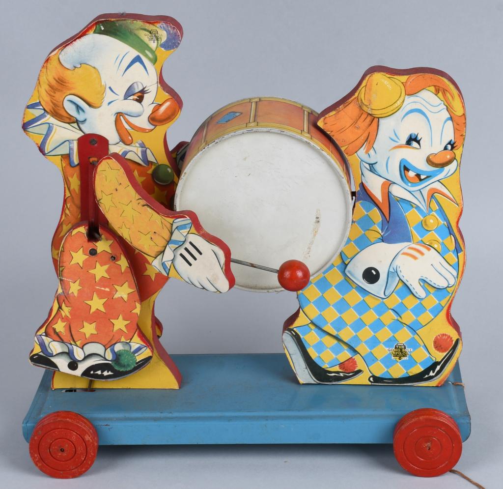 Gong Bell Clowns with Drum: All original with great colors. 14" Excellent