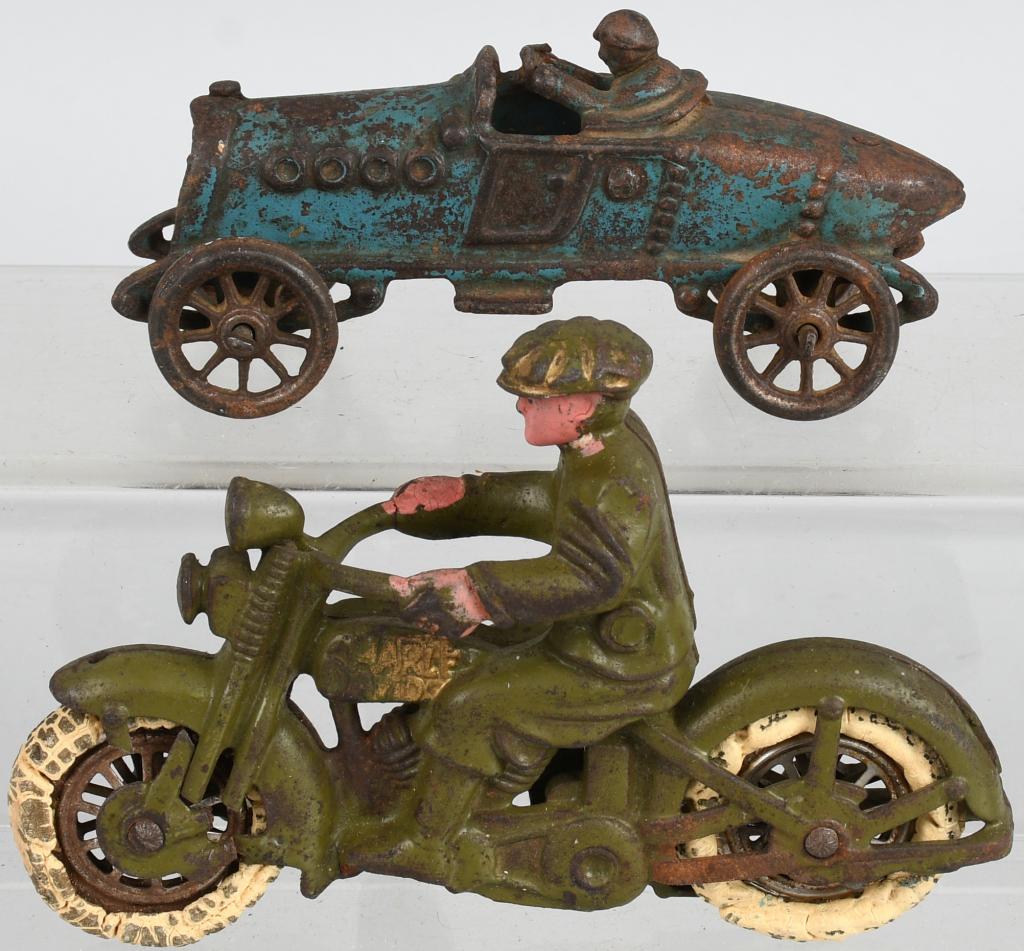 Hubley cast iron Harley Davidson Motorcycle more: Includes cast iron Harley Davidson Motorcycle. All original with several casting breaks, still displays well. Also included is a cast iron Boattail Racer. Largest 6" Good
