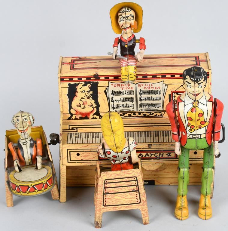 Unique Art tin windup Lil Abner Bank: All original with great details. All complete except Grandpas drum sticks. Works. 10" Excellent