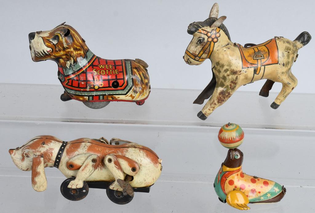 4- Tin Animal Toys: All of them original. All working except the Donkey. Largest 6" Very Good-Excellent