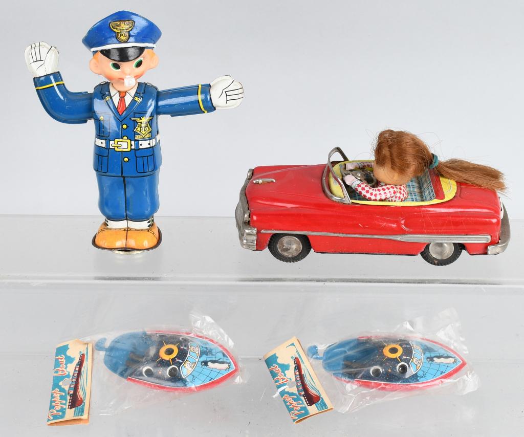 Lot of Tin Toys: Boats and new old stock. Other original and work. Largest 7" Excellent