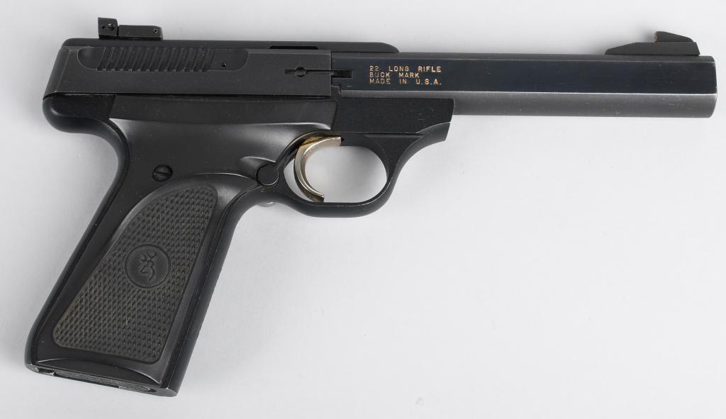 BROWNING BUCK MARK TARTET .22 PISTOL: Serial #655NZ27193. Barrel length 5.5". Caliber .22 rimfire. Quality semi-automatic made in USA Browning target pistol that features adjustable rear sight, blue finish, black composite grips and alloy