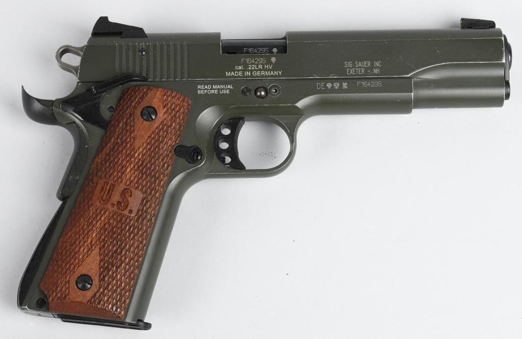 SIG-SAUER MODEL 1911-22 SEMI-AUTOMATIC PISTOL: Serial #F164295. Barrel length 5". Caliber .22lr. Made in Germany based on the 1911 platform. This model features the parkerized type military finish, lightweight adjustable trigger, ambidextrous safe