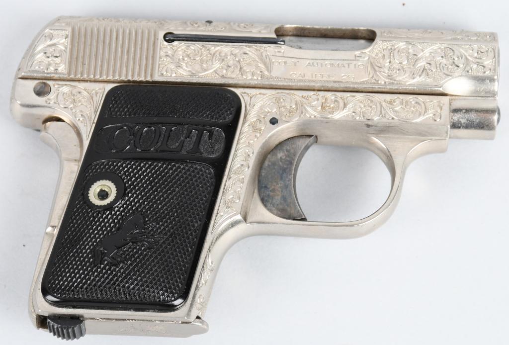 ENGRAVED COLT MODEL 1908 .25 POCKET PISTOL: Serial #152567. Barrel length 2". Caliber .25 ACP. Made in 1917. This beauty features nearly full coverage master engraving with scroll pattern and punch dot background and is nickel plated with excep