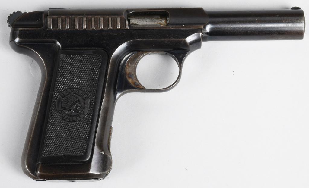 SAVAGE MODEL 1907 MOD. #2 .380 SEMI-AUTO PISTOL: Serial #4103B. Barrel length 4". Caliber .380 AUTO. Made 1913-14. Only 4400 of this series were made. Finish is bright blue with Indian Head gutta percha grips. This pistol retains about 70% original 