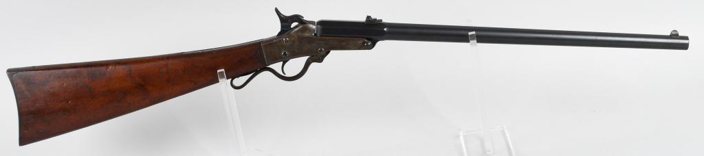 HIGH CONDITION MODEL 2nd MODEL MAYNARD SRC: Serial #17894. Barrel length 20". Caliber .50. Manufactured by the Mass. Arms Co in Chicopee Falls. Features included a blued round barrel, dove-tail front sight, 2-leaf folding rear sight, saddle rin