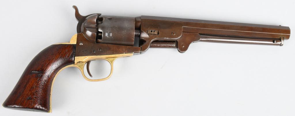 COLT MODEL 1851 NAVY PERCUSSION REVOLVER: Serial # 152089. Barrel length 7.5". Caliber .36. Made in 1863. Made during middle of war. Matching numbers with exception to cylinder which devoid of any number as the entire gun was polished and re 