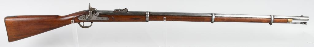 1862 CROWN ENFIELD 3-BAND PERCUSSION RIFLE: NSN. Barrel length 39". This Enfield rifle was manufactured by L.A. Co and is stamped and dated 1862 with Crown. Features an 800 meter rear military sight, three bands, brass tip, brass trigger guard