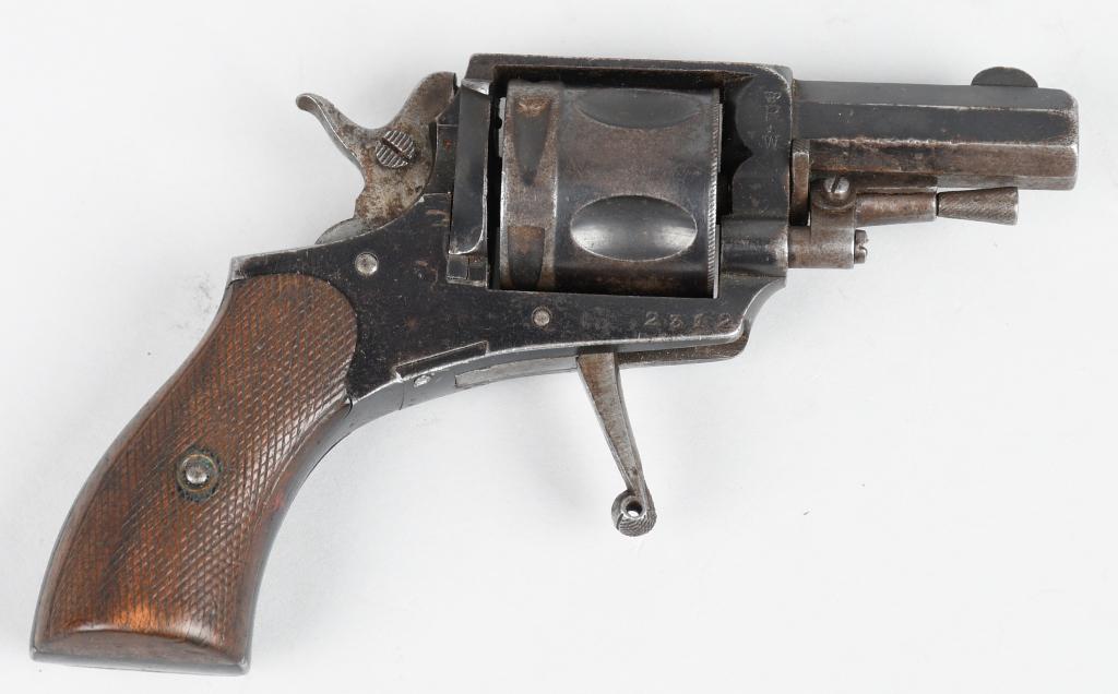 JB RONCE BELGIUM FOLDING TRIGGER BULLDOG REVOLVER: Serial #2312. Barrel length. Caliber 32. Typical five shot double action pocket revolver with octagon barrel, blue finish and checkered walnut grips. Indexes and locks up correctly. C&R