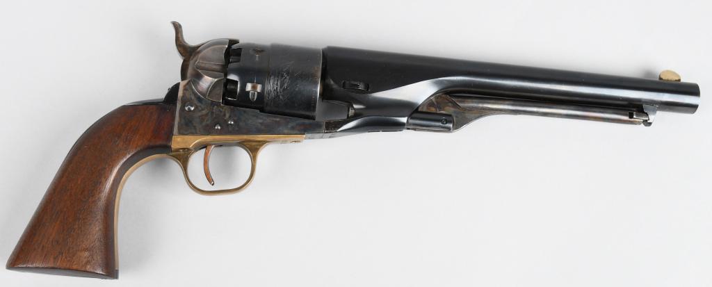 SCARCE CENTENNIAL ARMS COLT MODEL 1860 REVOLVER: Serial # 10120. Barrel length 8". Caliber 44. In 1853, Samuel Colt traveled overseas and licensed Belgian gun manufacturers to produce his famous revolvers. Then one hundred years later, a Belgium gro