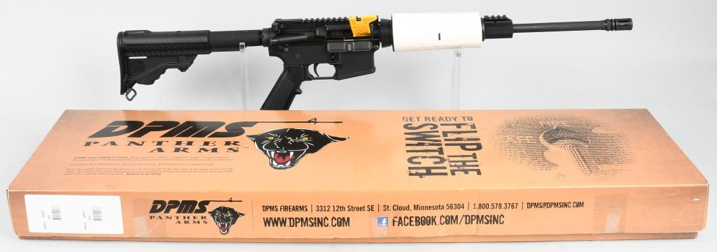 BOXED DPMS PANTHER SEMI AUTOMATIC RIFLE: Serial # FFH082937. Barrel length 16". Caliber .5x56. This is the Model A-15 built on the AR-15 platform. Gun is in as new unfired condition in box and comes with one magazine. *