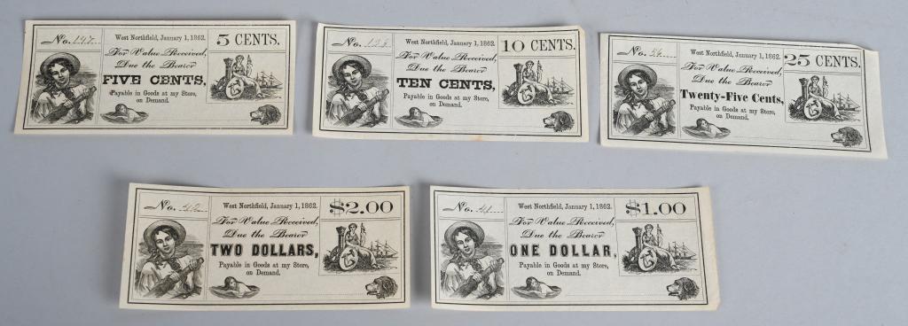 5 pc. 1862 STORE SCRIP PAYMENT WEST NORTHFIELD MA: 5 pieces of 19th Century scrip payment certificates in denominations of 5, 10, 25 cents and 1 and 2 dollars. Marked across the top "West Northfield, January 1, 1862. For value received due the bearer"