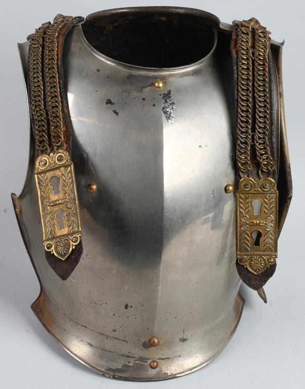 FRENCH CUIRASSIERS ARMOR SET CHEST AND BACK PLATE: French Heavy Cavalry (CUIRASSIER) Armor set of front and back plate connected by over the shoulder brass chain shoulder straps. Both the front and back plate bear French arsenal markings on the lower 