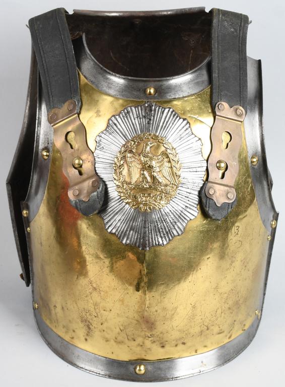 FRENCH CUIRASSIERS ARMOR SET DATED 1827: French Heavy Cavalry (CUIRASSIER) Armor set of front and back plate connected by over the shoulder brass chain shoulder straps. Both the front and back plate bear French arsenal markings on the lower 