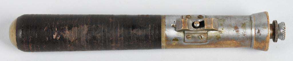 FEDERAL LABORATORIES INC TEAR GAS BILLY CLUB: Mfg. by Federal Laboratories, Inc., Pittsburgh, PA., 9.5" long, aluminum handle, leather covered brass construction, Pat. dates Sept. 15, 1925, Dec. 15, 1925, Dec. 29, 1925. The handle unscrews for lo