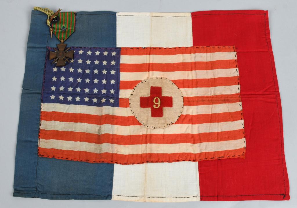 WWI US AMERICAN FIELD SERVICE HAND MADE FLAG: Attractive and unique World War I era flag made from multiple pieces to signify service in the 9th Section American Field Service, a multinational Amublance corps which operated in World War I shuttli