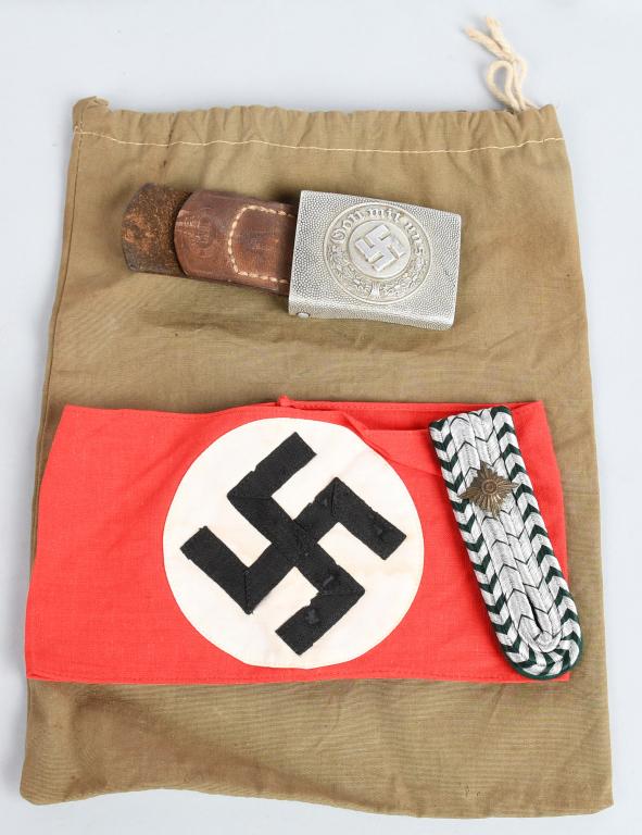 WWII NAZI GERMAN FLAG BELT BUCKLE ARMBAND LOT: WWII Nazi German souvenir lot of three items including Nazi armband. A red cotton armband upon which is sewn an approximately 9cm diameter white disk with a multi piece black mobile swastika with RZM 