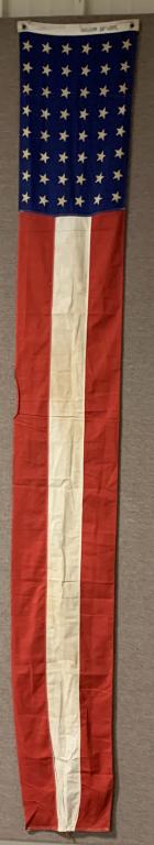 WWII US 48 STAR NAVAL COMMISSIONING PENNANT: Marked on the spine "Style 20" and "16" x 10 Ft." 48 star, 3 stripe Nautical or Naval commissioning pennant for flying aboard a newly commissioned ship. Tie-down knot at the tip and packaging twine as
