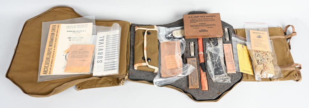 WWII US AIR FORCE TYPE B-2 SURVIVAL KIT W CONTENTS: Type B-2 Jungle Emergency Parachute Back Pad kit contains a Type E-3A Emergency Sustenance Kit, 2 Carlisle First Aid Kits, Tourniquet, Box of Six Iodine Swabs, 1 Box Aromatic Spirits of Ammonia. 4 Amp